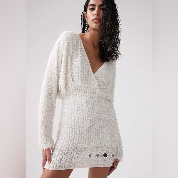 NWT ASOS DESIGN batwing embellished drip bead wrap mini dress in white SIZE 2 - Picture 12 of 16